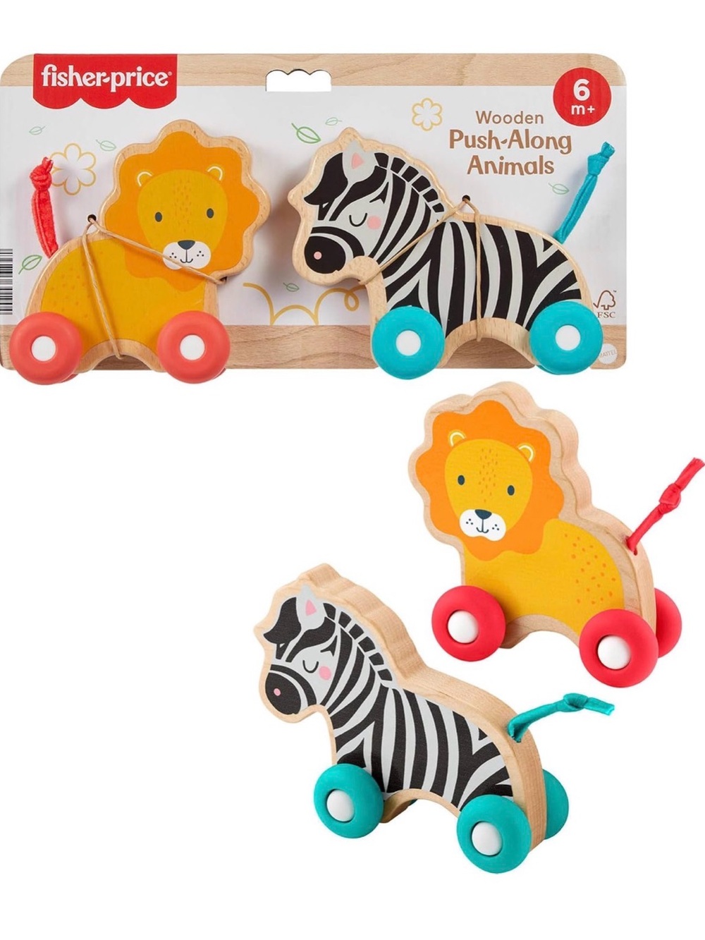Fisher-Price Yellow Lion & Black-and-White Zebra Wooden Push-Along Set